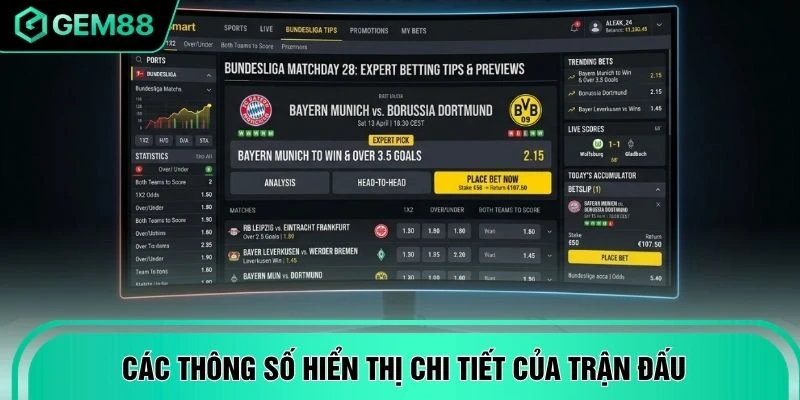 Các thông số hiển thị chi tiết của trận đấu