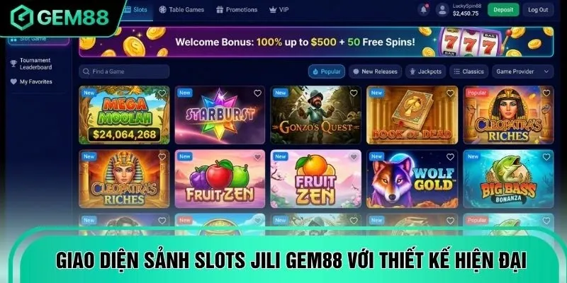 Giao diện sảnh slots Jili GEM88 với thiết kế hiện đại